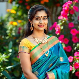 a beautiful and elegant Indian woman dressed in traditional colorful saree, posing gracefully in a serene garden with vibrant flowers