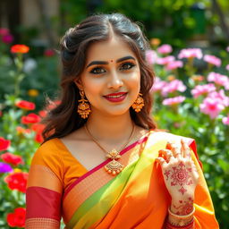 a beautiful and elegant Indian woman dressed in traditional colorful saree, posing gracefully in a serene garden with vibrant flowers