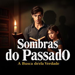 A captivating book cover for "Sombras do Passado: A Busca pela Verdade" featuring the three protagonists: a 20-year-old young man with striking features, an 18-year-old young woman with an inquisitive expression, and a 14-year-old girl with a thoughtful demeanor