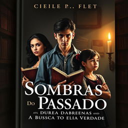 A captivating book cover for "Sombras do Passado: A Busca pela Verdade" featuring the three protagonists: a 20-year-old young man with striking features, an 18-year-old young woman with an inquisitive expression, and a 14-year-old girl with a thoughtful demeanor