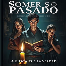 A captivating book cover for "Sombras do Passado: A Busca pela Verdade" featuring the three protagonists: a 20-year-old young man with striking features, an 18-year-old young woman with an inquisitive expression, and a 14-year-old girl with a thoughtful demeanor