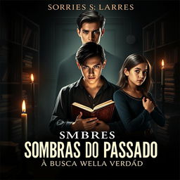 A captivating book cover for "Sombras do Passado: A Busca pela Verdade" featuring the three protagonists: a 20-year-old young man with striking features, an 18-year-old young woman with an inquisitive expression, and a 14-year-old girl with a thoughtful demeanor