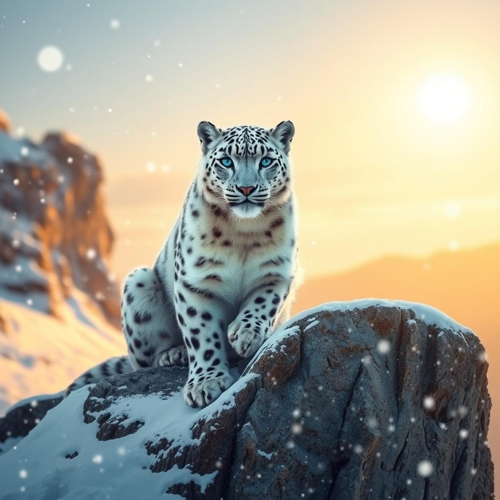 A white snow leopard seated majestically on a rocky cliff amidst a snowy landscape