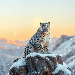 A white snow leopard seated majestically on a rocky cliff amidst a snowy landscape