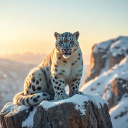 A white snow leopard seated majestically on a rocky cliff amidst a snowy landscape