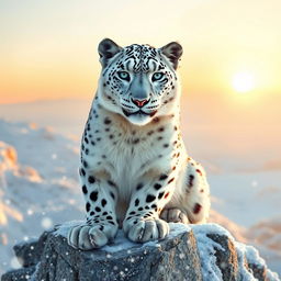 A white snow leopard seated majestically on a rocky cliff amidst a snowy landscape