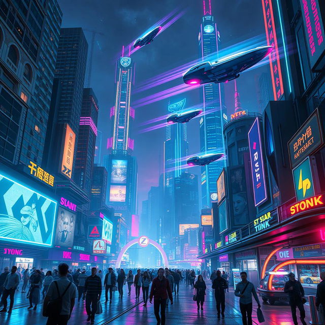 A futuristic cityscape at night with skyscrapers adorned with neon lights and flying cars zooming through the sky