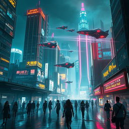 A futuristic cityscape at night with skyscrapers adorned with neon lights and flying cars zooming through the sky