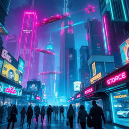 A futuristic cityscape at night with skyscrapers adorned with neon lights and flying cars zooming through the sky