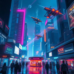 A futuristic cityscape at night with skyscrapers adorned with neon lights and flying cars zooming through the sky