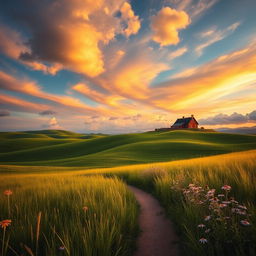 A beautiful landscape at golden hour, featuring rolling green hills under a vivid, colorful sky with soft, fluffy clouds