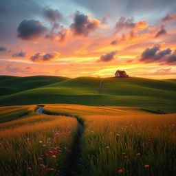 A beautiful landscape at golden hour, featuring rolling green hills under a vivid, colorful sky with soft, fluffy clouds