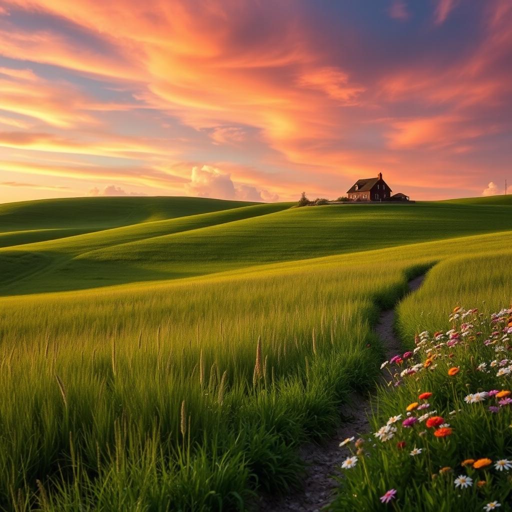 A beautiful landscape at golden hour, featuring rolling green hills under a vivid, colorful sky with soft, fluffy clouds