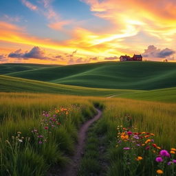 A beautiful landscape at golden hour, featuring rolling green hills under a vivid, colorful sky with soft, fluffy clouds