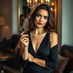 A sophisticated woman in a contemporary setting holding a discreet adult toy