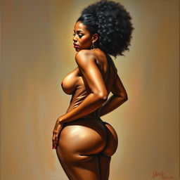 A polished, oil-based painting depicting a full nude body view of a gorgeous black woman with an afro fluffy ponytail, beautiful breasts, and a big booty in a sensual pose