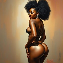 A polished, oil-based painting depicting a full nude body view of a gorgeous black woman with an afro fluffy ponytail, beautiful breasts, and a big booty in a sensual pose