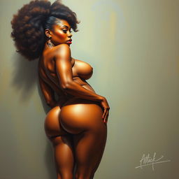 A polished, oil-based painting depicting a full nude body view of a gorgeous black woman with an afro fluffy ponytail, beautiful breasts, and a big booty in a sensual pose