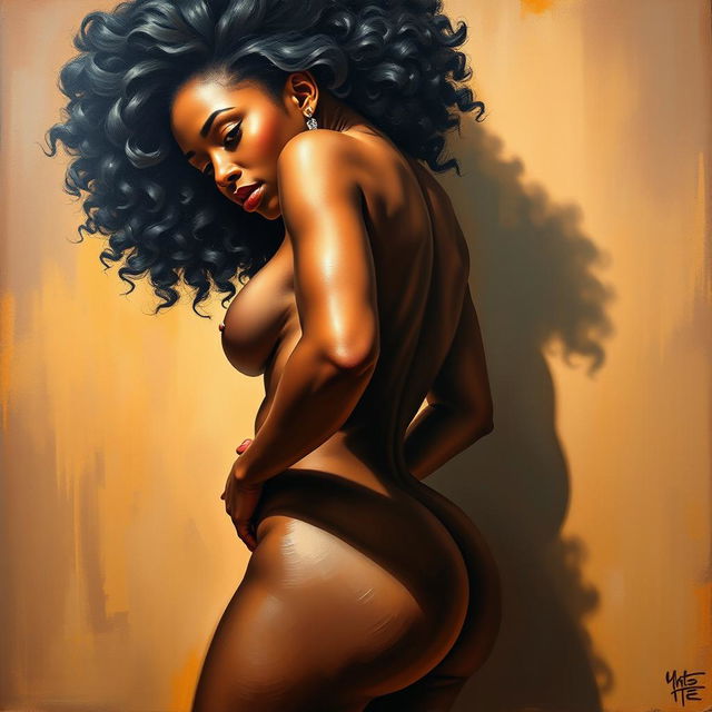 A polished, oil-based painting depicting a full nude body view of a gorgeous black woman with an afro fluffy ponytail, beautiful breasts, and a big booty in a sensual pose