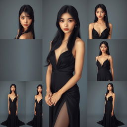 A stunning and beautiful Japanese woman with expressive eyes and a perfect face, showcased in a series of images wearing an elegant evening dress