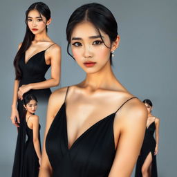 A stunning and beautiful Japanese woman with expressive eyes and a perfect face, showcased in a series of images wearing an elegant evening dress