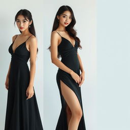 A stunning and beautiful Japanese woman with expressive eyes and a perfect face, showcased in a series of images wearing an elegant evening dress