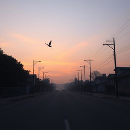 Empty street at dawn with soft hues of pink and orange filling the sky, gentle light casting long shadows, a solitary bird flying across the scene