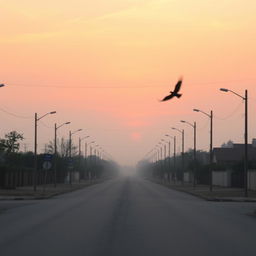 Empty street at dawn with soft hues of pink and orange filling the sky, gentle light casting long shadows, a solitary bird flying across the scene