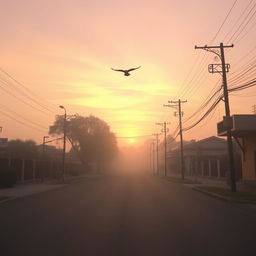 Empty street at dawn with soft hues of pink and orange filling the sky, gentle light casting long shadows, a solitary bird flying across the scene