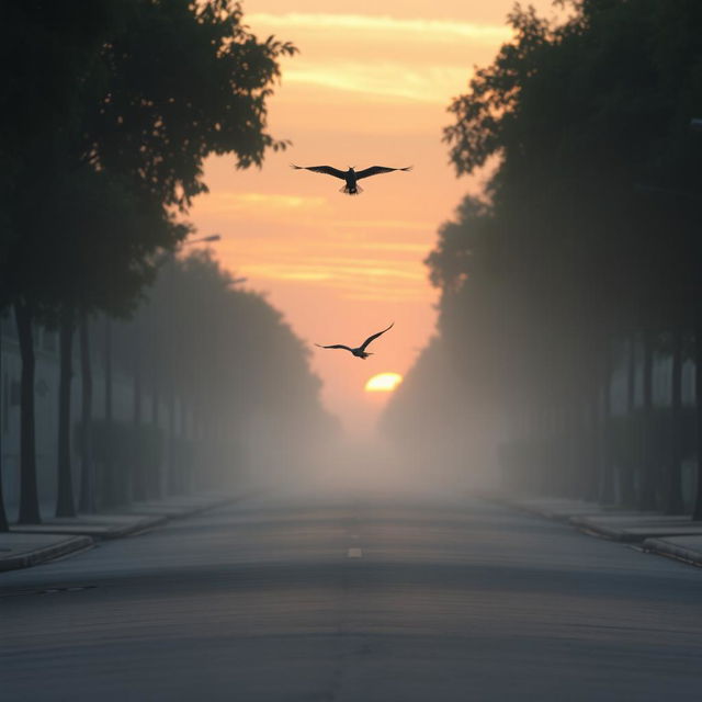 Empty street at dawn with soft hues of pink and orange filling the sky, gentle light casting long shadows, a solitary bird flying across the scene