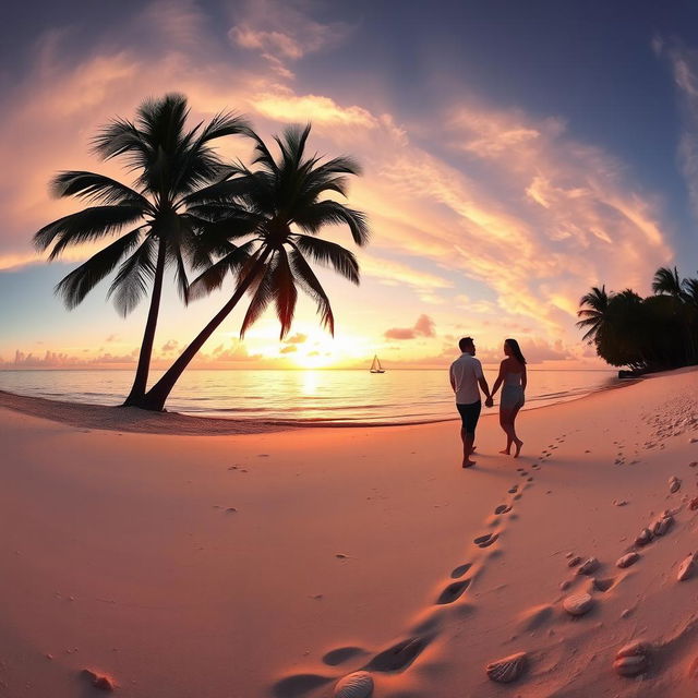 A stunning panorama of a tranquil beach at sunset, with the sun dipping below the horizon, casting a golden glow over the calm waters