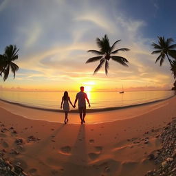 A stunning panorama of a tranquil beach at sunset, with the sun dipping below the horizon, casting a golden glow over the calm waters