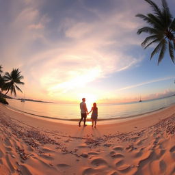 A stunning panorama of a tranquil beach at sunset, with the sun dipping below the horizon, casting a golden glow over the calm waters