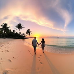 A stunning panorama of a tranquil beach at sunset, with the sun dipping below the horizon, casting a golden glow over the calm waters