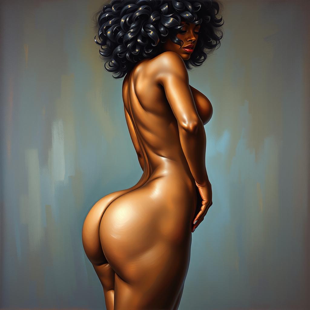 A polished, oil-based painting depicting a full nude body view of a gorgeous black woman with an afro, beautiful breasts, and a big booty in a sensual pose