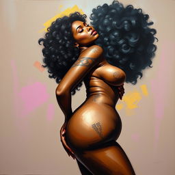 A polished, oil-based painting depicting a full nude body view of a gorgeous black woman with an afro, beautiful breasts, and a big booty in a sensual pose