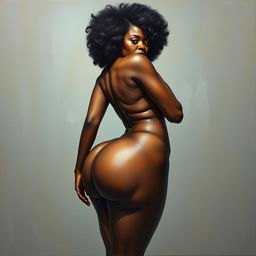 A polished, oil-based painting depicting a full nude body view of a gorgeous black woman with an afro, beautiful breasts, and a big booty in a sensual pose