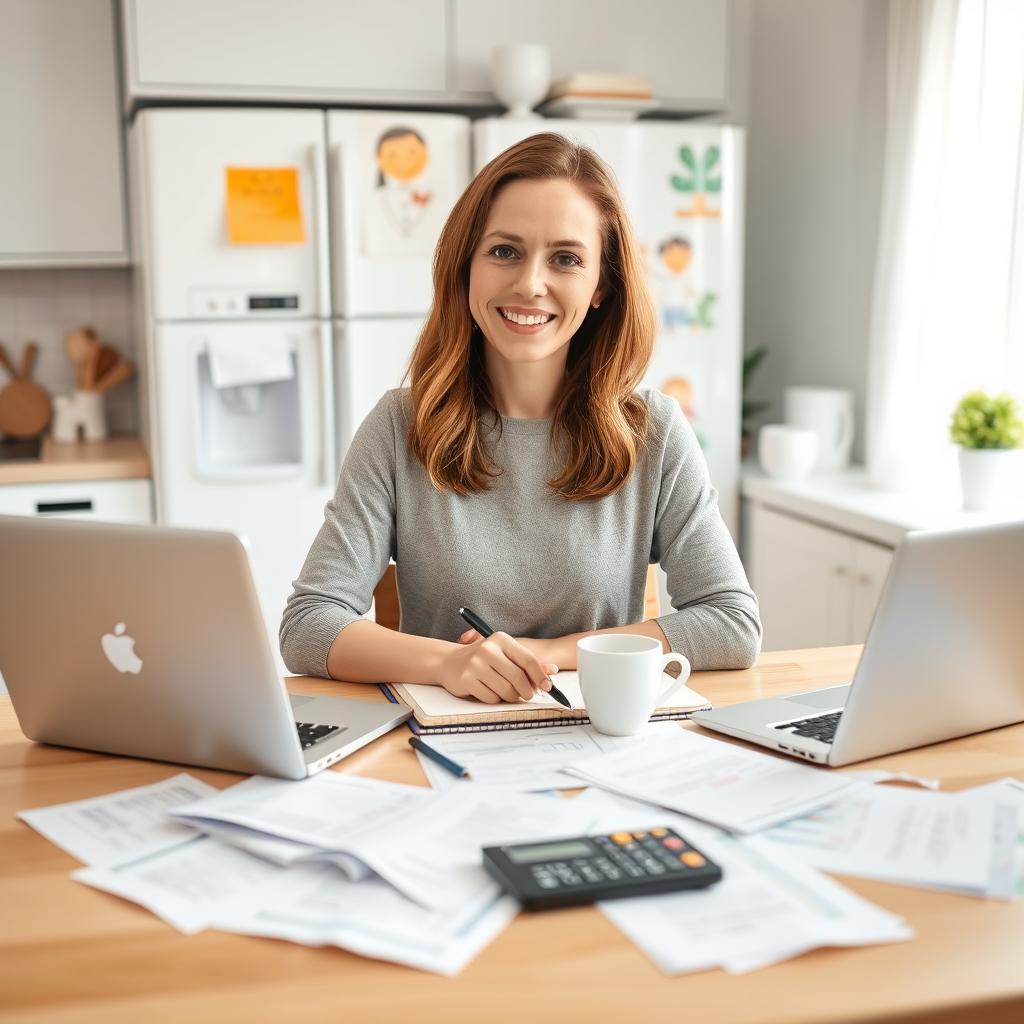 A young mother with medium-length brown hair sits at a cozy, well-lit kitchen table