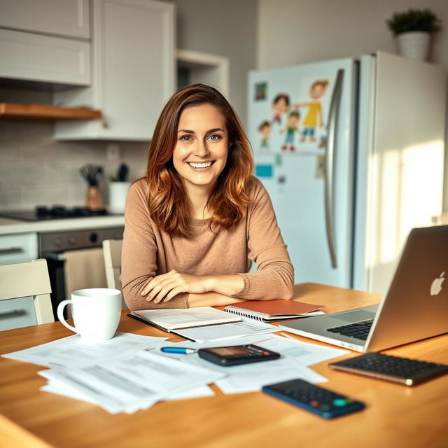 A young mother with medium-length brown hair sits at a cozy, well-lit kitchen table