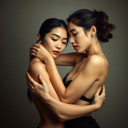 Two skinny Asian women engaged in an artistic and intimate embrace, exploring themes of connection and sensuality