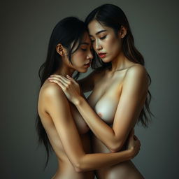 Two skinny Asian women engaged in an artistic and intimate embrace, exploring themes of connection and sensuality