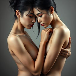 Two skinny Asian women engaged in an artistic and intimate embrace, exploring themes of connection and sensuality