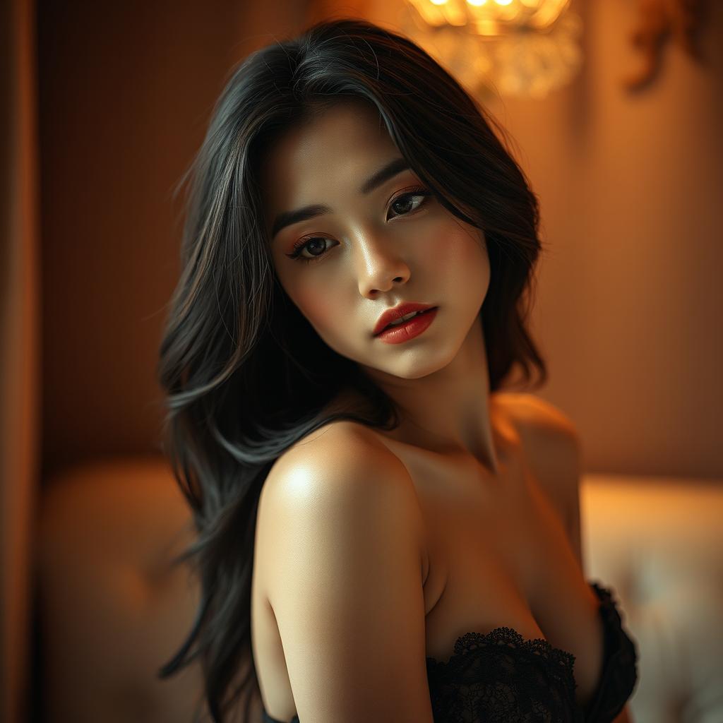 An intimate scene capturing a slender Asian woman in an artistic expression of desire and connection, focusing on subtle expressions and detailed features