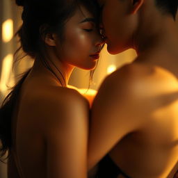 An intimate scene capturing a slender Asian woman in an artistic expression of desire and connection, focusing on subtle expressions and detailed features