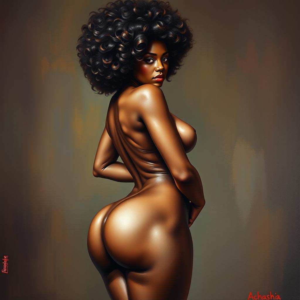 A polished, oil-based painting depicting a full nude body view of a gorgeous black woman with an afro, beautiful breasts, and a big booty in a sensual pose