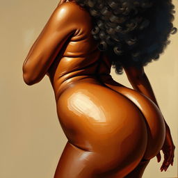 A polished, oil-based painting depicting a full nude body view of a gorgeous black woman with an afro, beautiful breasts, and a big booty in a sensual pose