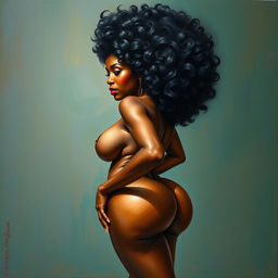 A polished, oil-based painting depicting a full nude body view of a gorgeous black woman with an afro, beautiful breasts, and a big booty in a sensual pose