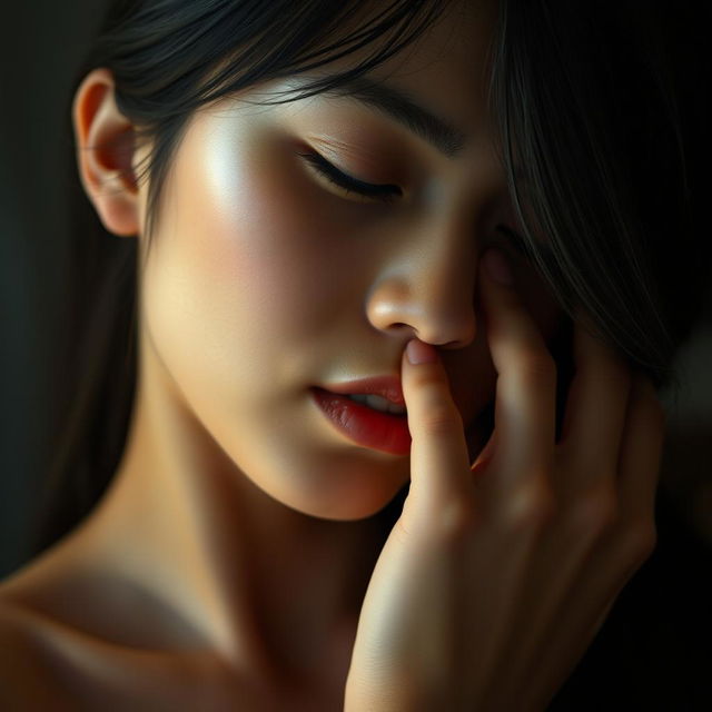 A sensual and artistic portrayal of an Asian woman in an intimate moment, capturing her delicate features and the emotional intensity of the scene