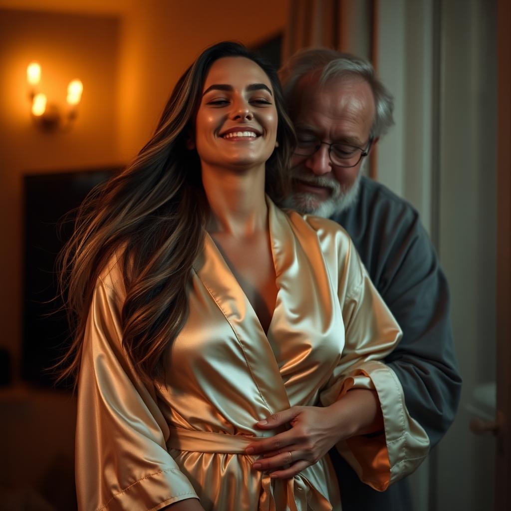 A beautiful woman with long flowing hair wearing an untied satin robe stands in a dimly lit room