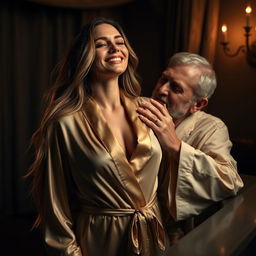 A beautiful woman with long flowing hair wearing an untied satin robe stands in a dimly lit room